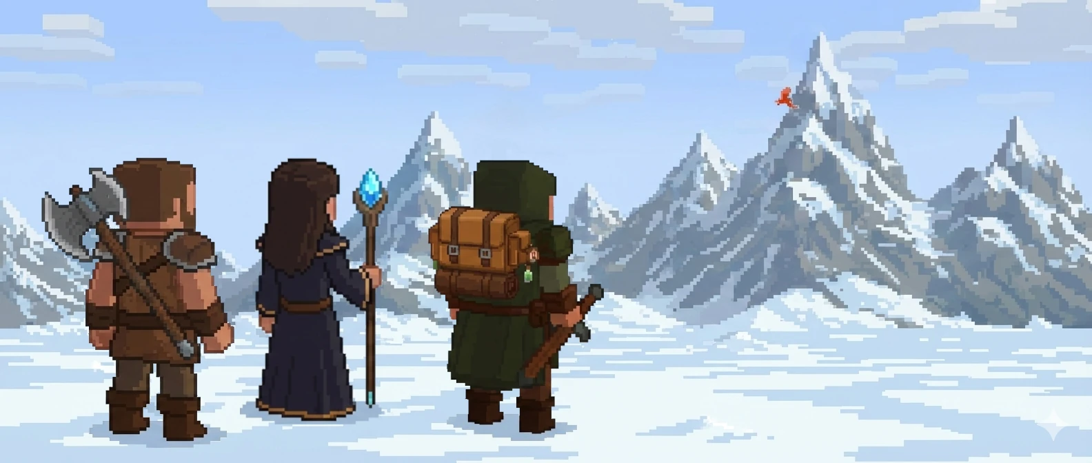 Banière La Brigade, 3 aventuriers avancent dans la neige vers les montagnes.